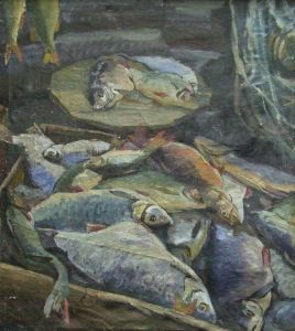 «Хантайская рыба», п. Хантайское озеро, 1985 г. Холст, масло; 85 х 95 см.